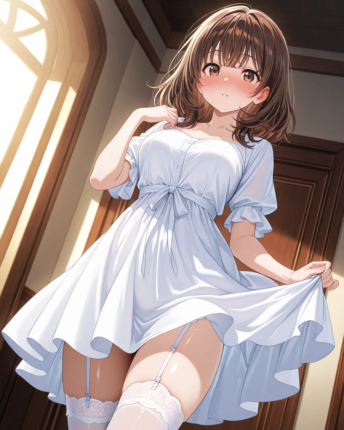 A beautiful girl sitting from behind, anime girl, very cute and beautiful girl, (highly detailed beautiful face and eyes), kneeling, semi transparent white dress, sleeveless, low-cut chest, looking at viewer in the back, she is showing her panties, (skirt lift, white panties), shows her ass, nice ass, big round breasts, detailed nipples, thin waist, defined body, open legs, dark brown hair, bangs, side drill, long hair, messy hair, shiny hair, wavy hair, aqua eyes, glowing eyes, pupils sparkling, cat ears, kemonomimi mode, embarrassed, blush, nervous smile, bright pupils, from behind, high detail, anime, depth of field, outside border, pov, close-up, cowboy shot, from below, perspective, dynamic angle, Wide-Angle, f/1.8, 85mm, Sony FE, 8k, super detail, UHD, retina, masterpiece, accurate, anatomically correct, highres, best quality
