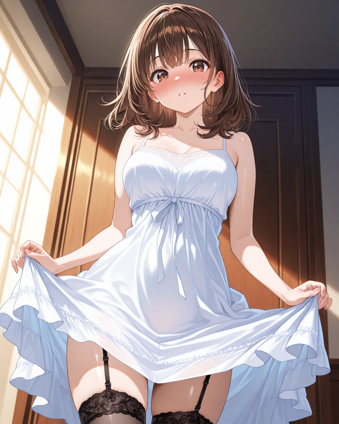 ((Masterpiece)), (((best quality))), hips wide open, ((blue colour eyes)), (((long brown hair))), (((shot White dress))), ((little girl)), (cute), ((a face that looks sleepy)), ((blue silk robe)), (((only one girl)))