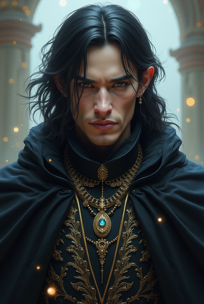 absurdities, High resolution, ultra detailed, HdR, masterpiece, Extremely detailed face and eyes, semi long black hair, disheveled, bushy eyebrows, serious, expressive blue eyes, detailed eyes, LOOKING AT THE SPECTATOR, 1 man, elegant, black magic shit, masculine, sorcery clothing, dark aura background, background skulls, Complete plan