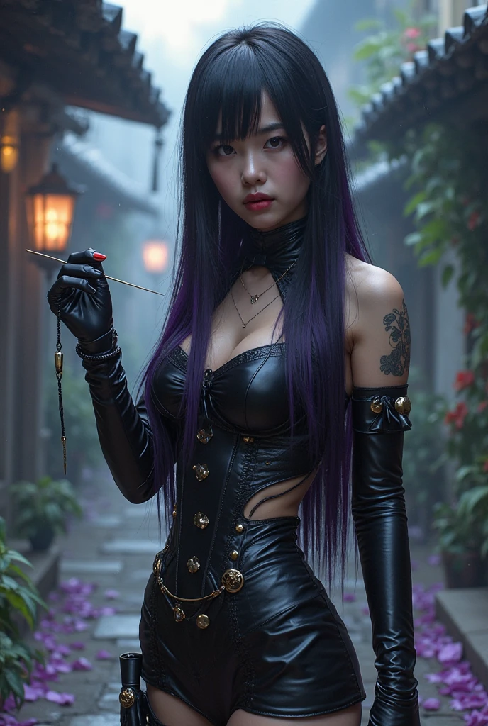 Intricate details, ultra-detailed, 超高分辨率, Masterpiece, Random angles, Rebel, Dark aura, Leather jacket, Black band tee, Heavy eye makeup, Extended fangs, Sleek black hair, Messy, Spiky, (Sunken eyes: 1.2), (Black lipstick: 1.3), Bare legs, Fishnet stockings, Punk accessories, (Revealing outfit: 1.6), Grunge textures, Dynamic shadows, Hauntingly beautiful, Red and black color scheme, Surreal portrait, Dark prince's companion, (Smoke effect: 1.4), (Sharp