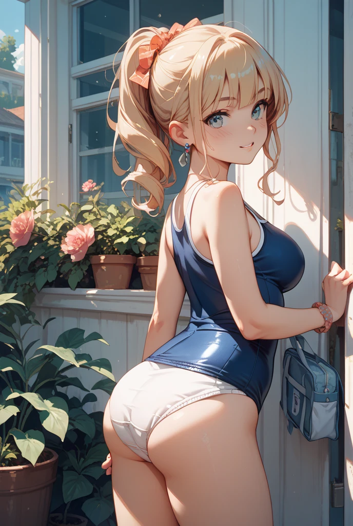 1fille, black skin, gyaru, cheveux long blond, yeux bleus, haut nue, back turned, big ass, string, school, Absurde, wink blushing, tire la langue High resolution, Ultra pointu, 8k, tmasterpiece, Regarder le spectateur