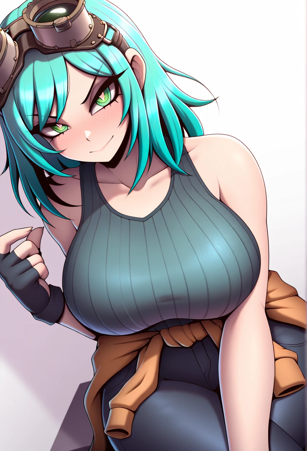 cerebella, huge tits,full dress with short, large wide neckline, Wide hips , big thighs, long orange tights,(limit orange stockings on the thighs), orange hat, huge arms coming out of the head 