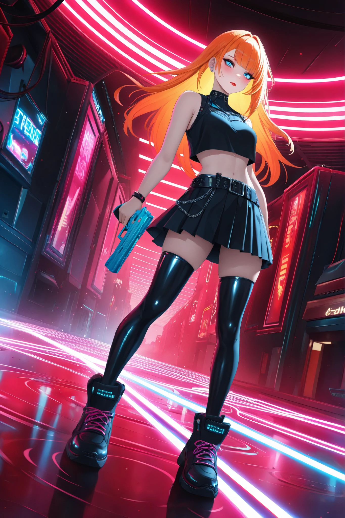 A striking woman stands confidently against a vivid red backdrop, her long, ginger hair framing her intensely lined eyes with extended -eye liner. Her thick black lashes, shimmering highlighter, soft rosy blush, and glossy red lips create a stunning contrast against her pale, flawless complexion. She wears a black cropped top adorned, no_sleeves, paired with a glossy black skirt that catches the light. A studded black belt cinches her waist, reinforcing the punk aesthetic with an edgy yet stylish vibe. In her left hand, she firmly holds a glossy pink gun. Her right arm hangs naturally by her side or slightly forward in a relaxed stance. The red backdrop is illuminated with soft neon glows, creating a high-energy, cyberpunk-inspired atmosphere. The subtle interplay of light reflections on her skirt and enhances the futuristic, rebellious mood. Camera: Medium-full shot, cinematic 4K. Angle: Slightly low angle, emphasizing her confidence and strength. Lighting: High-contrast, neon highlights with soft, diffused glows. Aesthetics: Cyberpunk punk-rock fusion, bold color contrast, edgy yet sleek. Scene Motion: Subtle ripples in the pleated skirt, light catching the glossy surfaces, and a faint electric glow outlining the sword’s edges, adding a dynamic, high-fashion energy.(masterpiece, best quality, newest, absurdres, hires, ultra detail, HD),