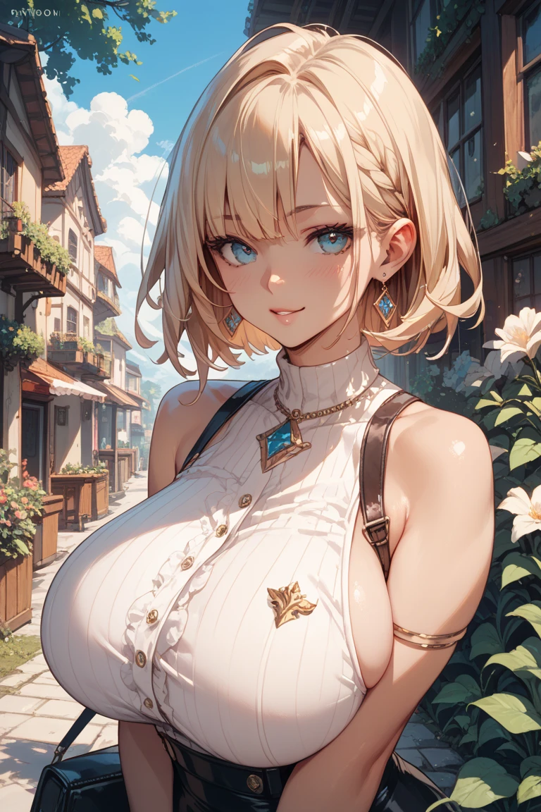 1 girl, blonde bob hair, heart shaped eyes, ♡, big breasts, lace queen, {girl with blonde bob hair named nao}, (Pink eye color), {race car}, (smile), bright background , mole under eye, Star-shaped choker, (masterpiece, highest quality), very detailed, highest quality, official art, beautiful and aesthetic: 1.2), (1 girl), very detailed, (geometry art: 1.3), colorful, most detailed ,(garden,beautiful flower々), (masterpiece, highest quality), official art, beautiful and aesthetic: 1.2), (1 girl), very detailed, (geometry art: 1.3), colorful