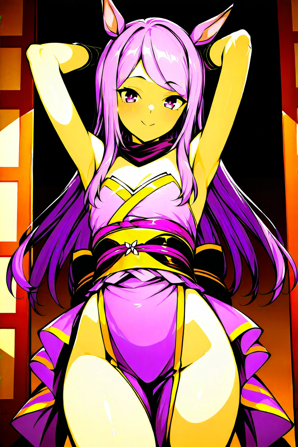 (Perfect body),Best Quality,16 K、(((Lori)))、blush、(V-shaped eyebrows)、Tsuriformes、:D、embarrassed from、(((Longhaire)))、(((((hair messy)))))、(Yellow eyes),((Gray hair)),(Sweat)、Black knee socks、((Kimono))、(((sleeve less)))、(a miniskirt)、((whitepanty))、((Pink scarf))、((Big ass))、(((flat chest)))、(((thick thighs)))、(Hands behind the head)、Armpits、Electronic space、