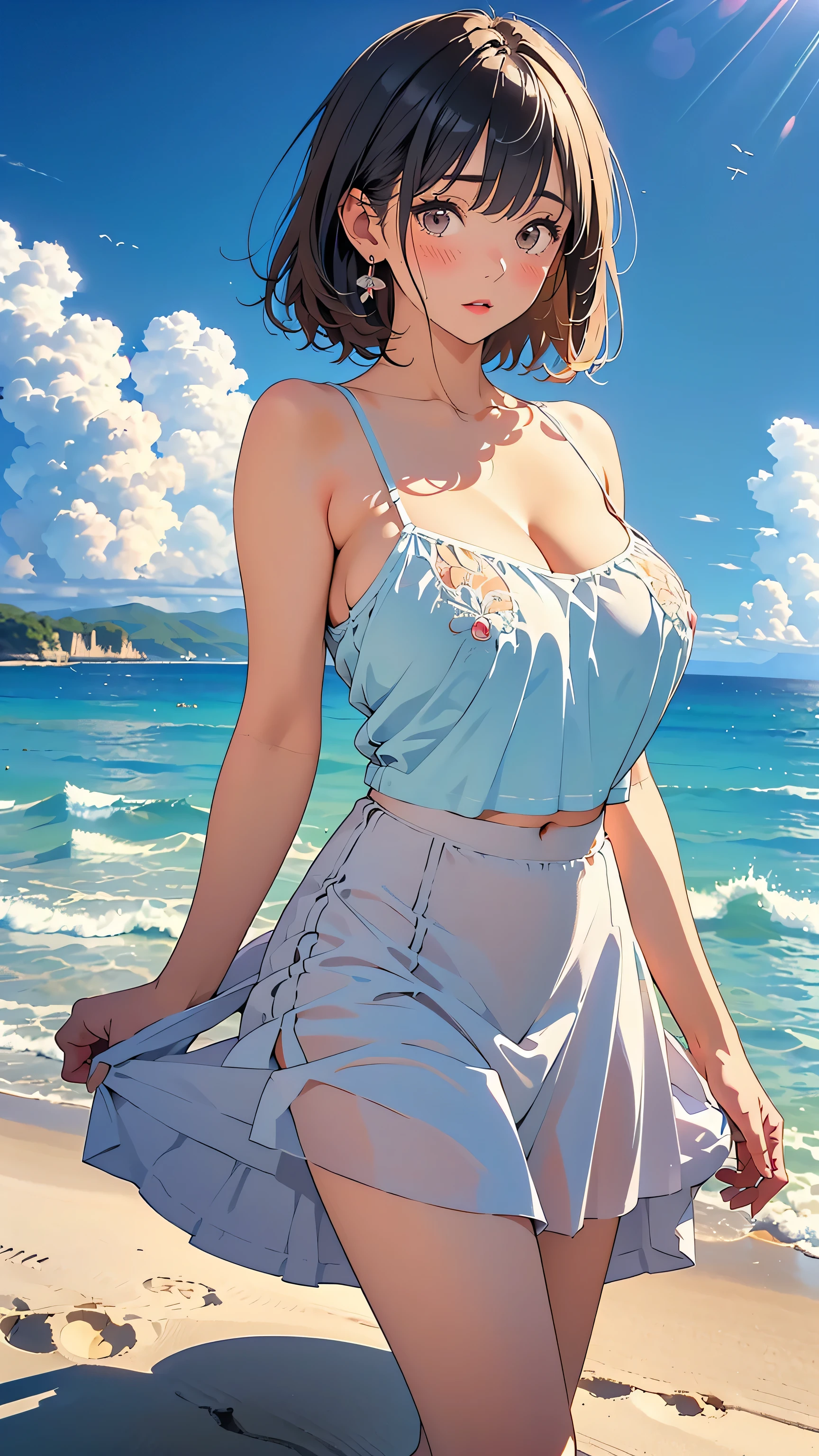 ((masterpiece)),(best quality,top quality,8k),waterpaint,illustration,paint,majestic,1girl,cute japanese girl wearing white cool dress,tanned skin,tomboy hair,short hair,smile,cleavage,blue eyes,medium boobs,high sharpness,high res,beach,sunny,