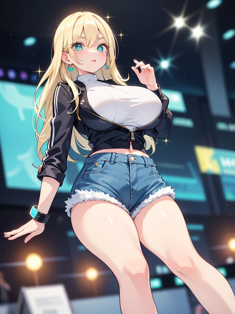(masterpiece:1.37), best quality, (extremely detailed:1.37), woman, mature, adult, large breasts, very long hair, (straight hair:1.5), blonde hair, blue eyes, (extremely detailed eyes:1.37), crop top, cleavage, navel, jeans, open fly, (groin:1.25), desperation, (wetting: self 3.0), standing, city, futuristic, neon lighting, high-tech, street