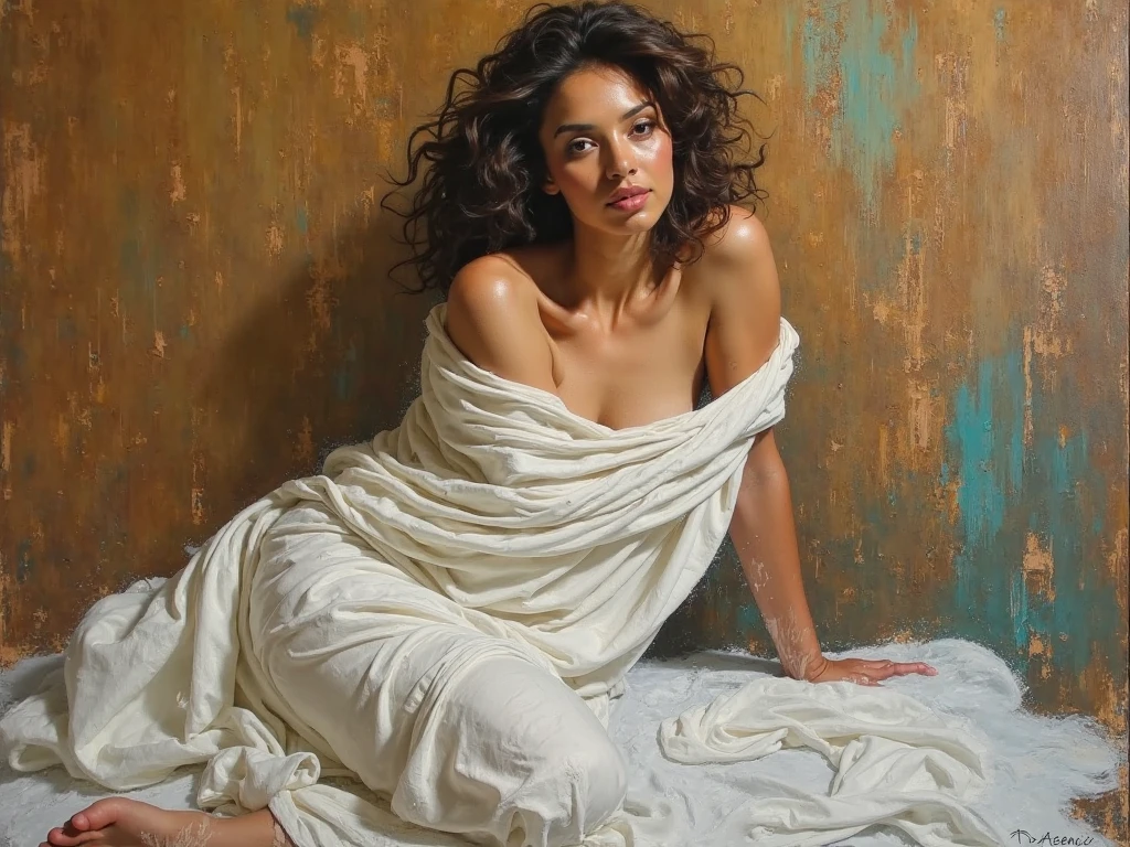stunning realistic picture, masterpiece, high detail, small strokes, positive and joyful tones, Gorgeous woman, nude in the bedroom, full length, brut style art, characterized by bright and bold colors, thick textured paint, intense black strokes, and amazed details ral-drptpl 