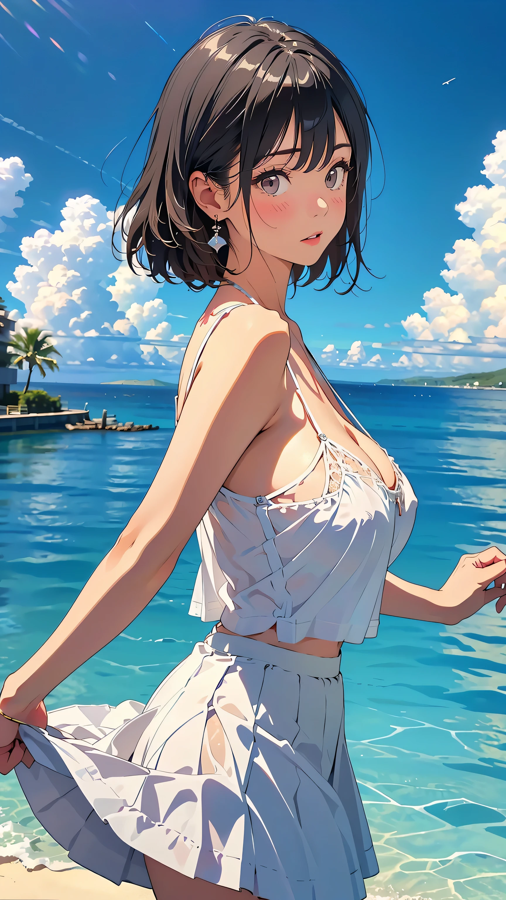 a masterpiece of,Best Quority,8K,detailed skin texturing,Silky skin like peach silk,Detailed cloth texture,beautiful details face,Complicated details,solo,ayanami rei,An ultra-detailliert,Detailed hair strands,blue short hair,Blushlush,(opens his eyes wide:1.3),(eye reflections:1.6),shylily,(smoothy,Skin reflects light),(((shiny skins))),shadowed,(Slim,Big straw hat,Translucent white openwork slip dress,No bra,Dynamic pose),((mediuml breasts):1.2,big legs),Sea beach background,look to the camera