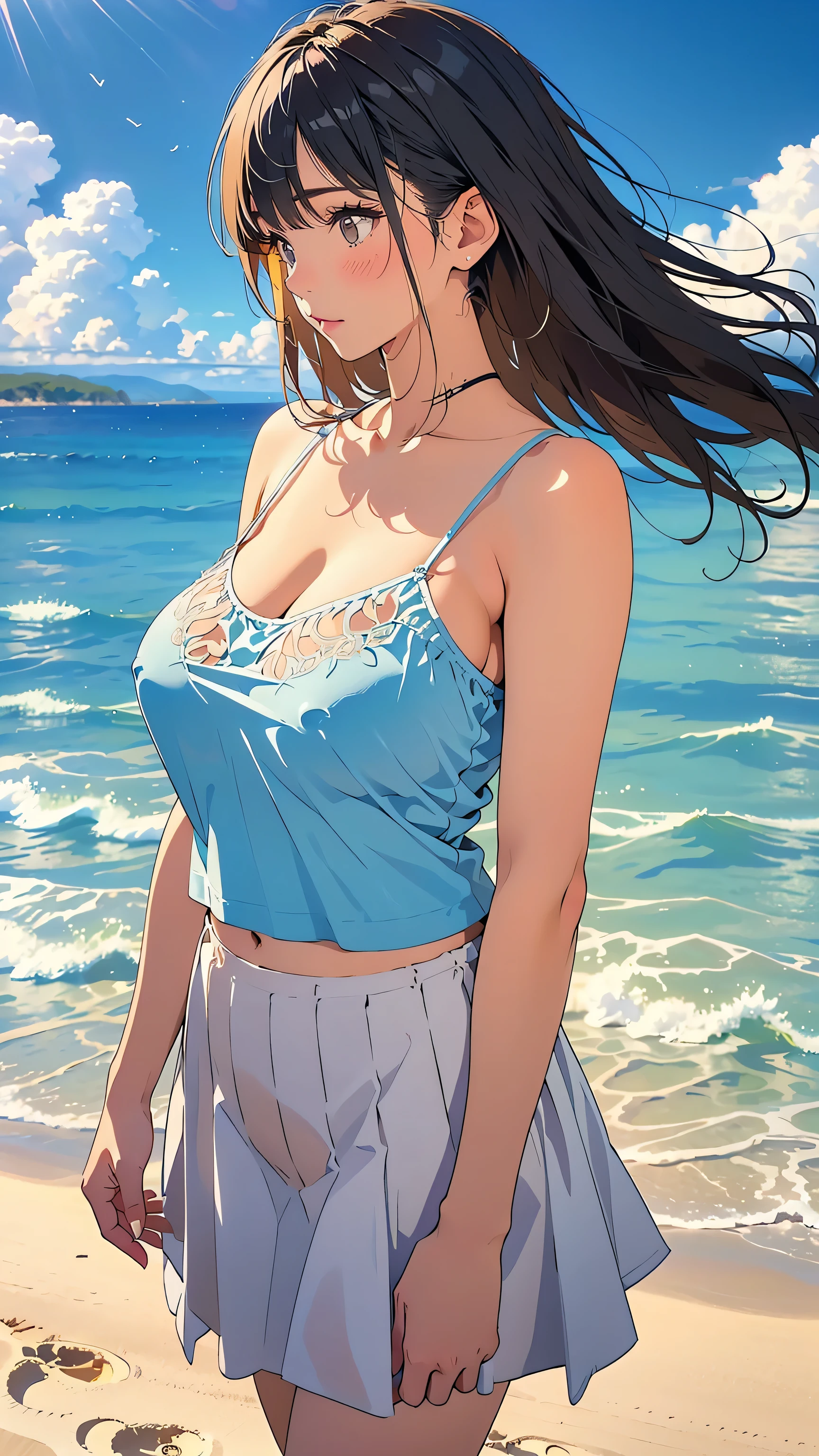 以下は2000文字of詳細なプロンプトです:：

--- Very detailed, Realistic, high-resolution 4K image of a beautiful woman standing topless by the seaside. of woman is the main focus of the image, with every detail of her appearance meticulously depicted to emphasize her natural beauty and the artistic nature of the scene. She has been a long time, Flowing, Wavy hair cascading down the back, catching the sunlight and shimmering with natural highlights. 彼女of肌は日焼けしている, Give her health, Shining and contrasting beautifully with bright light, 彼女of後ろには澄み切った青空. 

Her eyes are expressive and captivating, reflecting the joy and warmth of a perfect summer day. She's gentle, warm smile that exudes confidence and contentment, inviting viewers to share in the serene and blissful atmosphere of the seaside. Her facial features are soft and harmonious, 自然な優雅さが彼女of魅力をさらに引き立てる.

of woman is standing confidently topless, emphasizing her natural beauty and the freedom of the summer beach setting. 彼女of姿勢はリラックスしていながらも落ち着いています, embodying a sense of ease and grace. 彼女of肩は少し後ろに引かれている, and her arms hang naturally at her sides, 彼女of姿勢of自然な美しさをさらに引き立てている. of focus on her toplessness is tasteful and artistic, ensuring that the image remains elegant and sophisticated.

of background of the image features a stunning seaside landscape, With the clear blue sky stretching out endlessly, ふわふわof白い雲が点在. of gentle waves of the ocean lap at the shore, creating a soothing and rhythmic backdrop that complements the tranquility of the scene. of sandy beach extends into the distance, with the golden grains of sand sparkling in the sunlight.

In the distance, a few beachgoers can be seen enjoying the sun and sea, Energize a tranquil atmosphere. of overall atmosphere of the image is bright, warm, and summery, 喜びof気持ちを呼び起こす, relaxation, and . of 
