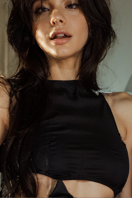 masterpiece, gothic aesthetic, dream atmosphere, ultra realistic, 16k, best quality, absurdres, perfect anatomy, 1girl, goth brunette, voluminous silky hair, cute hair fringe, goth makeup, realistic turquoise eyes (intense look). pale-white skin (highlighted), realistic shading, solo, Caera, realistic blue eyes, black t-shirt, small natural breasts, large hips, thick thighs, thick legs, black mini skirt, tights (realistic textures), pretty seductive, upper body, beautiful girl, happy, inside a (neon pastel lights) modern house, different poses at different angles, blurred background, cinematic, Photorealistic.