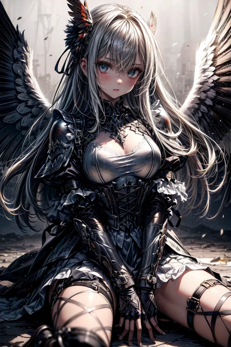 female archangel prepared for battle, an extremally beautiful warrior valkyre, ultra feminine, long hair, dark blonde hair, braided hair, wearing divine heavy armor, long leather boots, cleavage, big breasts, (white armor: 1.2), full plate armor, (angel wings: 1.2) spread, angel wings on both sides of her back, posing for a picture, full body, floating mid-air, sunset, 16k, RAW, ultra wide shot, photorealism, depth of field, hyper realistic, 2.5 rendering, ray tracing