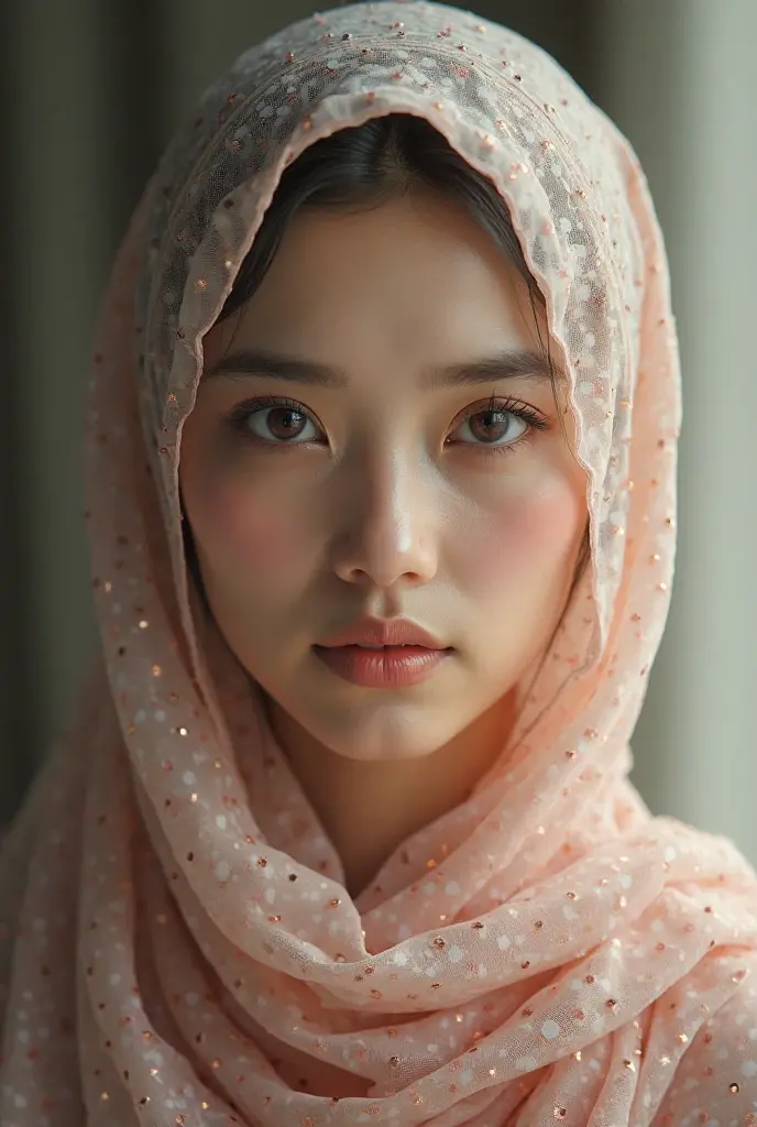 Realistic photo,a malay woman wearing dress and long hijab,wear glasses, look from side, hyperrealistic, masterpiece, sweet ekspresion, melancholy , closeup photo, bright eyes, sexy lips, detailed makeup, detailed eyes cornea, wearing hijab no hair looks, blush pink cheek