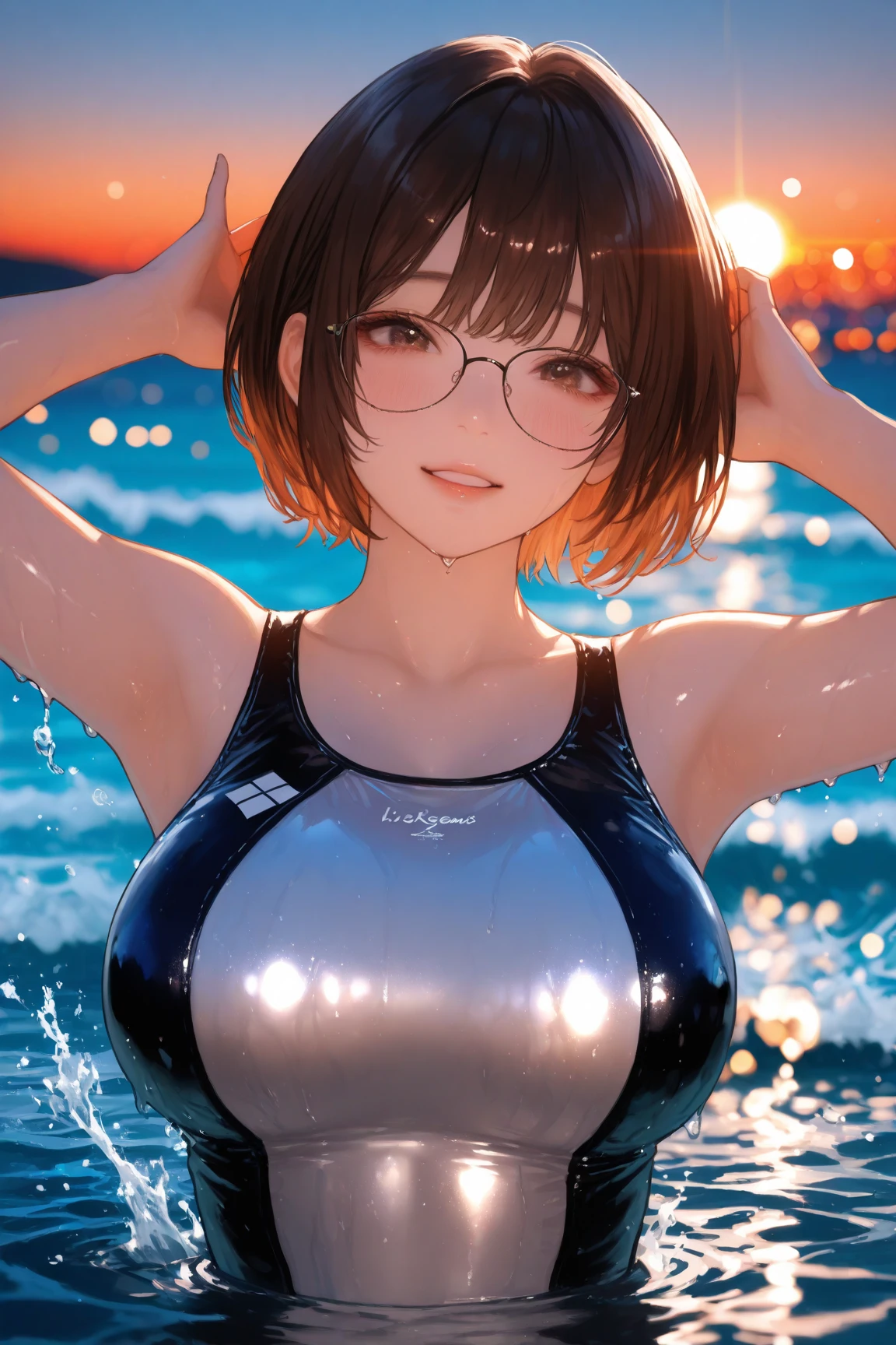 Top quality 8K UHD、pieces fly、cute eyes、Glasses、Black competitive swimsuit、Black latex high neck swimsuit、black metallic high neck swimsuit、Glasses、short hair、Glassesをかけた短髪の銀髪美女、wet skin、from the chest up、Put your hands behind your hips