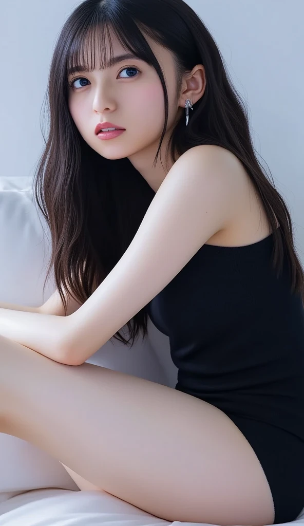 A black sleeveless dress with an open back、(Highest quality)、((Very detailed))、4K、(8K)、masterpiece、Very detailedな、Highest quality、Super Resolution、1 person、Kind Face、Soft Light、RAW quality、Soft Skin、163cm、30 years old、Crossing your legs、look back、White Room