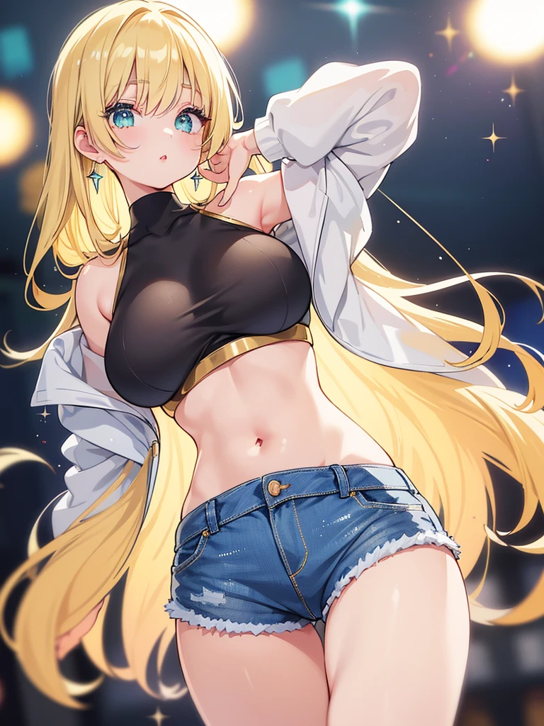 1 girl, blue eyes, yellow hair, long hair, blonde hair, french braid, parted lips, wearing white crop top, big breasts, cleavage, open belly, blue shorts, glowing skin, masterpiece, top quality, night club background, she is seductive and horny