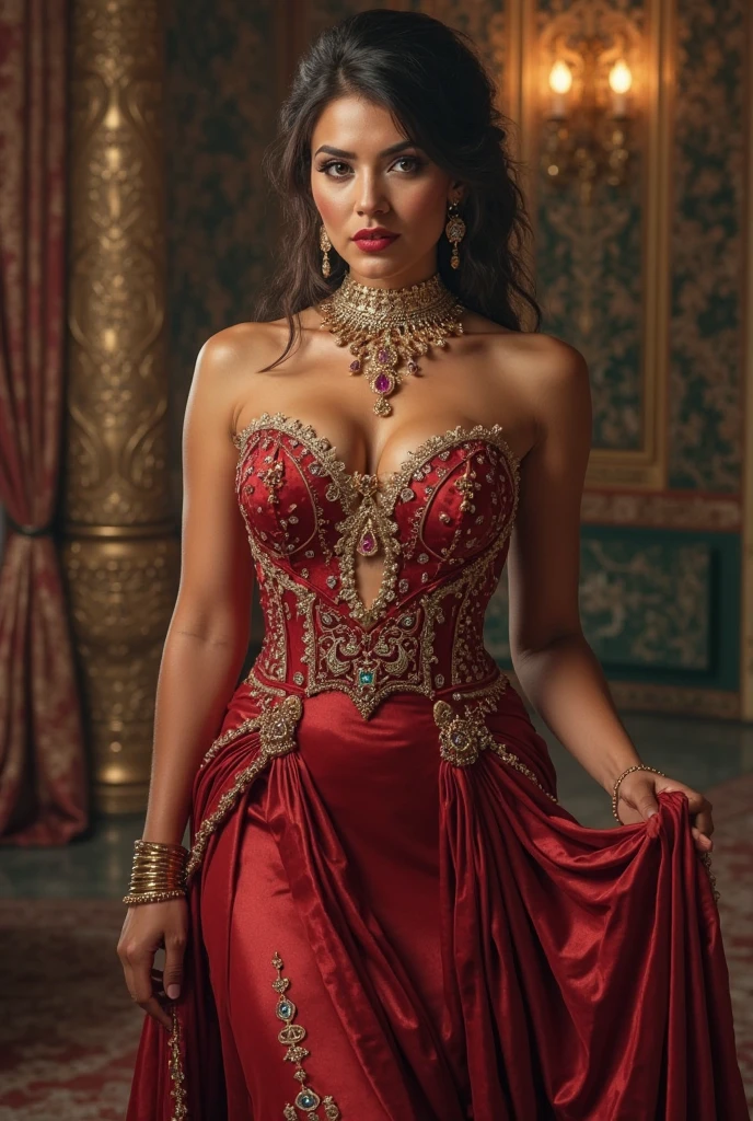 from far very far away, perfect eyes and face, queen of the magical world, her face is beautiful and charming, glamorous and magnificent makeup, booming throughout nature, Intricate hijab decorated with sparkling diamonds, silk dress with intricate maroon lace details, the charm of the night queen of the sky, the erotic icon, confident arrogant pose, full body photo, her skin was oily and shiny, enchanting heavenly palace background, sparkling and cinematic light effects hit, very realistic and real, detail ultra, 4K