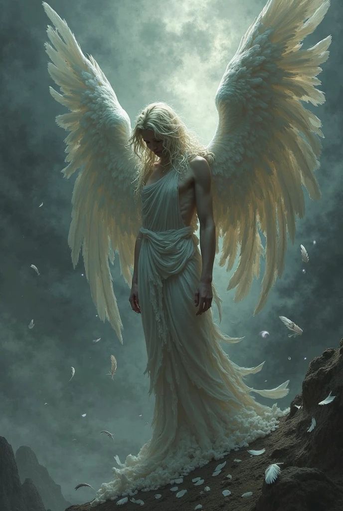 Sad powerful male angel, crying in the darkness 