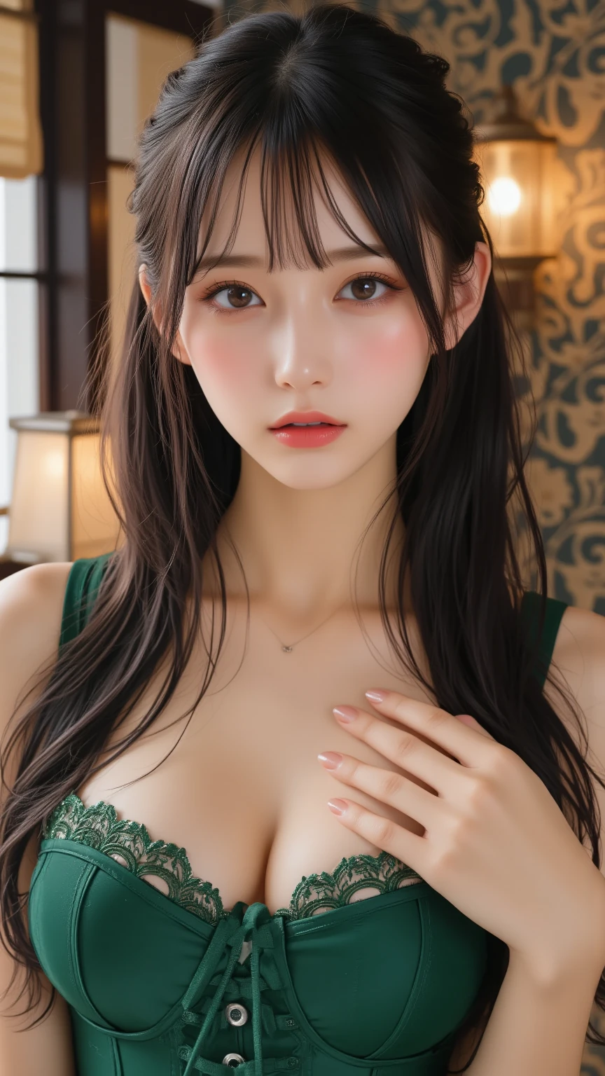 woman((30 years)), hair((length, Wavy, Noir)), eye((Des eye intelligents, contact avec les eye Noirs)), ((lingerie, green, green clair)), accessories ((Earrings)), Large Breasts: 1.3, Huge breasts, Korean Makeup, Bedroom, Night Sky, Ecstasy/Orgasm Expression, Set location, Raise your hand, Underarm,