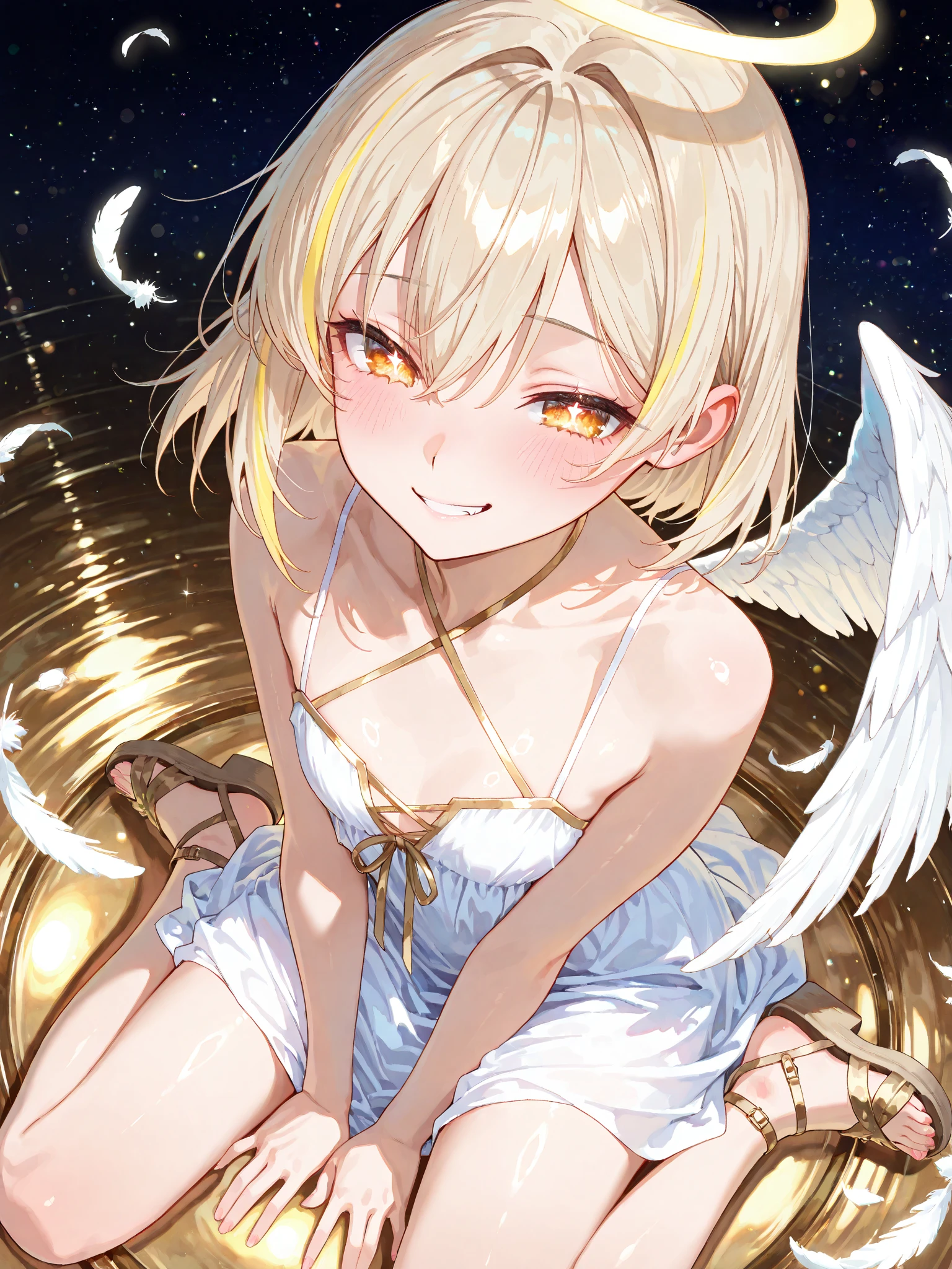 (((1girl))), ((best quality)), ((masterpiece)), ((ultra-detailed)), (illustration), (detailed light), (an extremely delicate and beautiful), (beautiful detailed eyes), (sunlight), ((extremely light)), 

((((elegant and adorable angelic wedding dress)))),
school girl,

wavy short manish bob, (((yellow gold hair))), (((short hair))), 
(((deep red eyes))), 

(((angelic clothes))), (((((angel wings))))), (((angel halo))),

((whole body)), aged 14 to 17, 
diamond, beautiful, ((extra elegant)), (((condescending expression))), (sexually mischievous smile),  (((extra adorable))), (((extra slender shape))), 

(((((all fours on the magic circle))))), 

((((exposed white and pearl whity gold panties)))), (((extraordinarily thin thighs)))