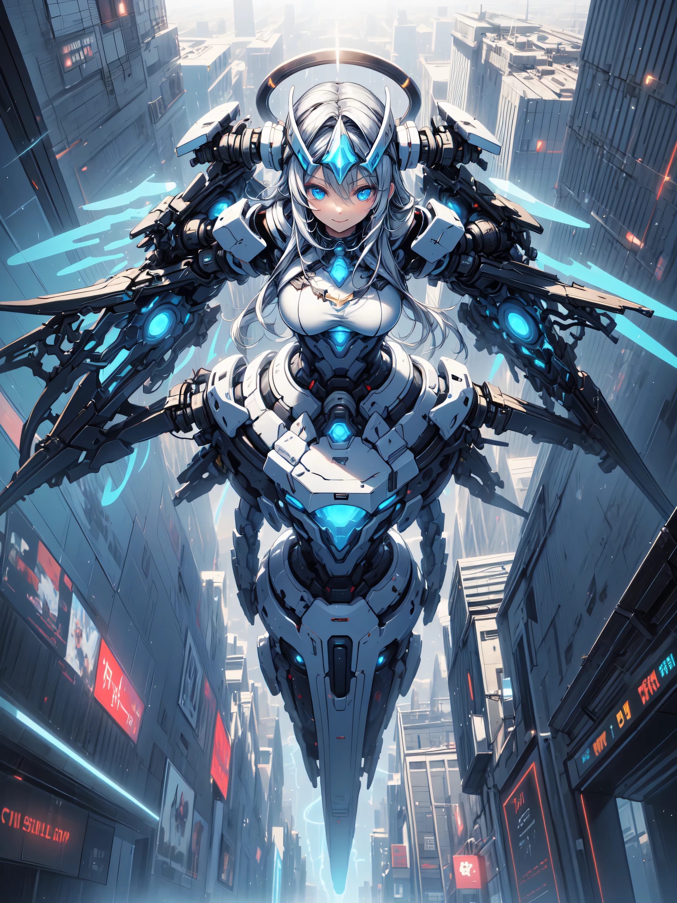 ((robot girl, mecha)), glowing eyes, armor breaking, mechanical aura, mechanical arm, gray hair, long hair, ceramic body, thigh slit, small breast, cyber background, very fine city, (translucent, reflective skin), 8k, best quality, ultra-detailed, (surrealism: 1.4), --auto --s2