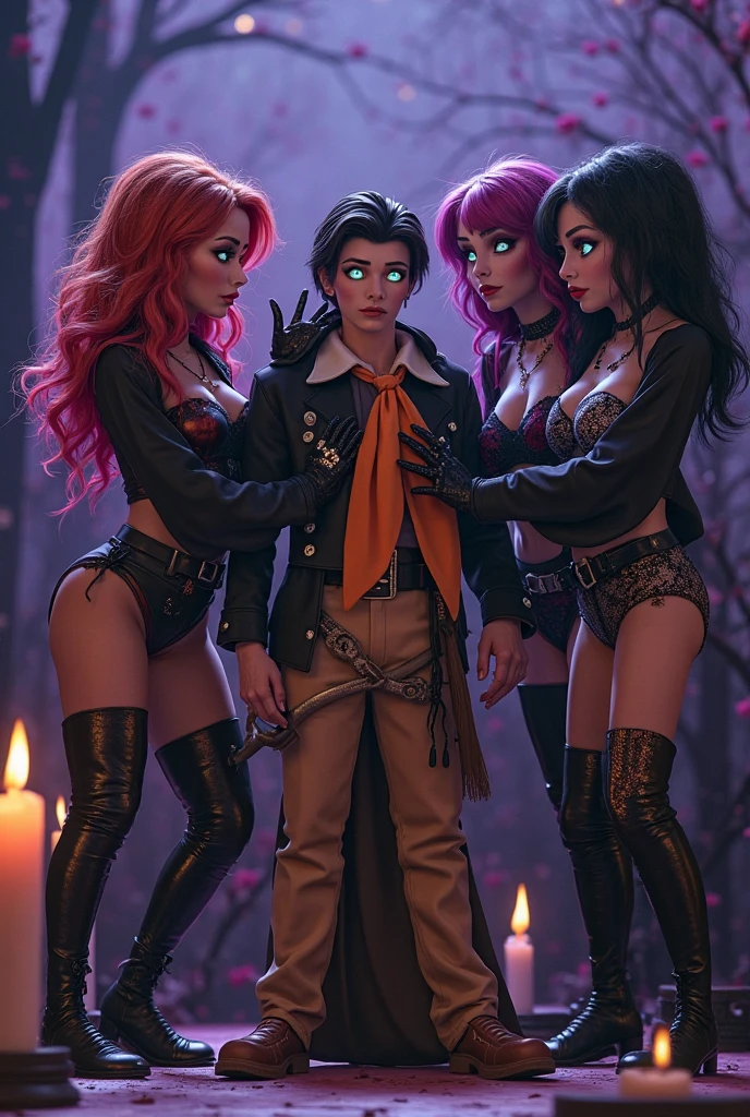 1(Chad) with his arms three long-flowing-haired-goth-witch-bitches in an opulent Halloween party, clubbing, rave, dancing, Halloween decorations, tans, tattoos, freckles, touching each other, in love, living grins, curvy athletic bodies, romantic, seductive, golden hour, dramatic vibrant lighting on faces, big beautiful eyes, amazing Halloween costumes