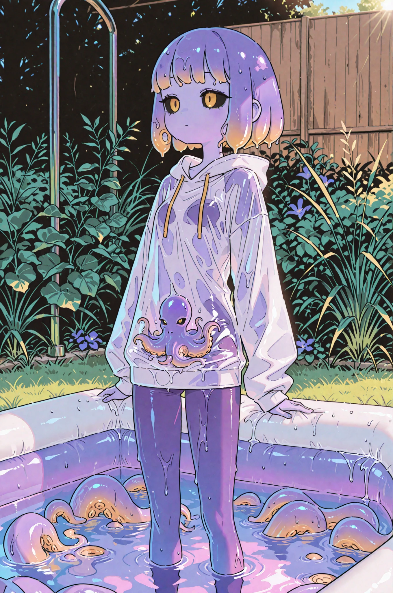 Cute Boy, ((young)), shota, wearing prince clothes, royalty, royal clothes, kid, ((shota)), short hair, ((boy)), (white hair), grey eyes, paddling in a little stream of water, (crouching), looking at his reflection into the water, horizontal, wet, water splashed on him, arms raised, armpit visible, shy, eating an ice cream