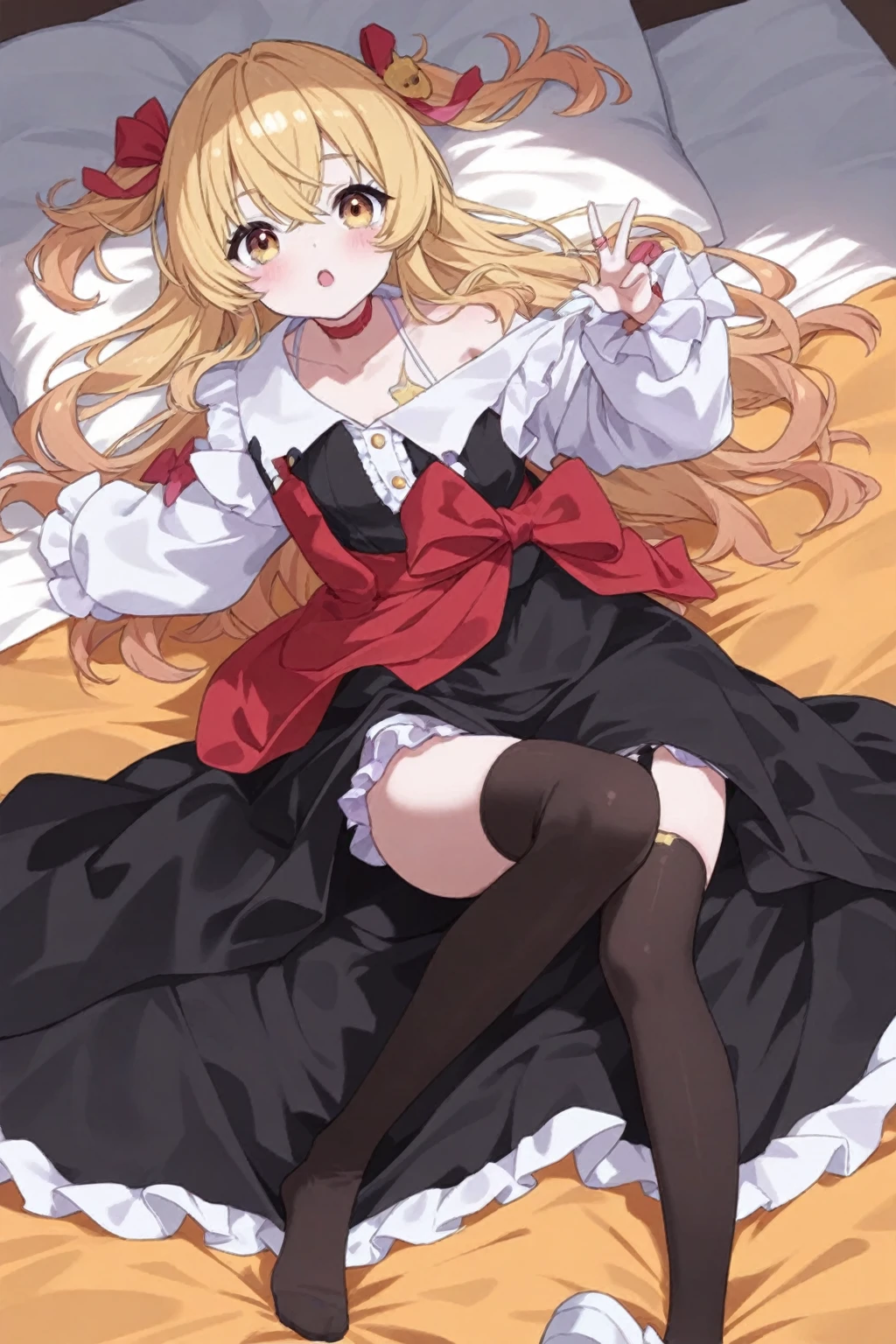 1girl, large breasts, thighhighs,solo, thigh boots, white shirt, black skirt, black footwear, (((masterpiece,high resolution,best quality))), solo,wine bottle, lying, blonde hair, on back, looking at viewer, open mouth, solo, blush, wet clothes, heart, arms up, wet, bed sheet, huge breasts, (beret :1.8), short hair, (iwanagakotoko:0.9), in bed, bedroom, bed, pervert, white panties