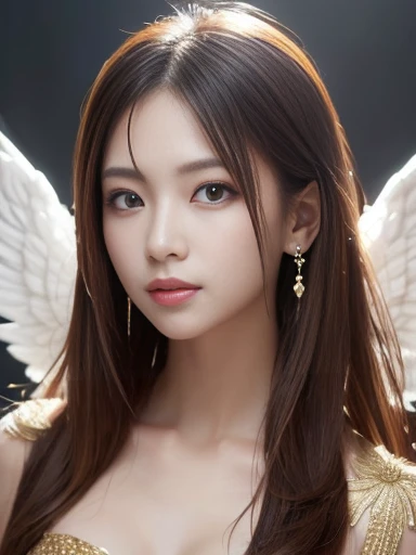 Golden armor, Long blond hair, Golden pupils, Golden glow background, Gold transparent wings, Smile, There are two dots on the forehead, One blue and one red, Flashing notes, Girl