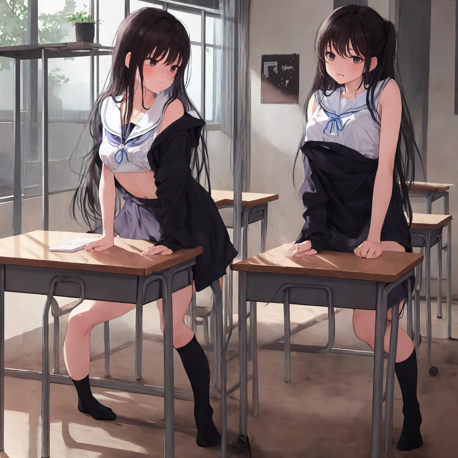 1 girl.Mature high school girl.Extremely short black hair. hentai. Big . classroom. Sleeveless. Drop armhole. The skirt is so short you can see her pussy. Deep slit. Pussy juice. Beautiful legs. A sexy pose. Full body. Put a dildo in your pussy. Put a dildo in your anus too. ahegao.orgasm.trembling. half open eyes.feeling weak. Drooling.steam.closed eyes.