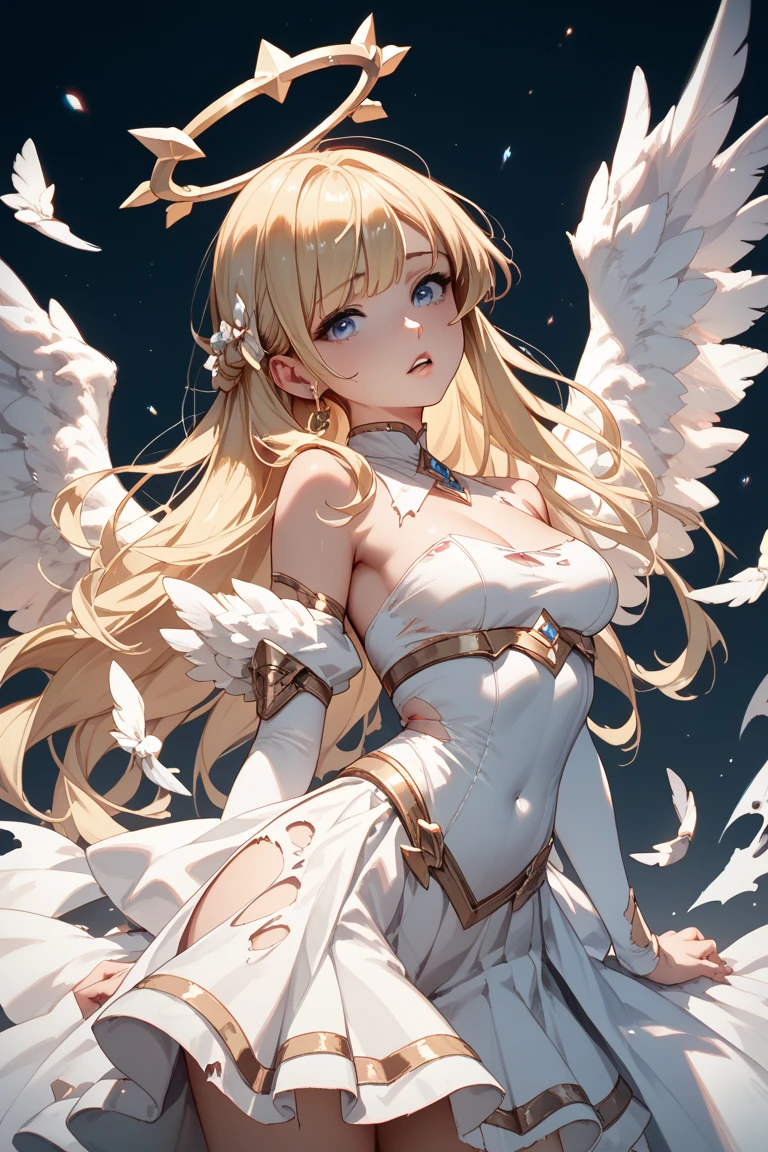 gorgeous adult woman, long blonde hair, bangs, perfect eyes, soft light, high quality, 4k resolution, ((angel)), An angel with wings on his back, an angel descending from the sky, feathers scattered in the background, light shining from above, at Cathedral