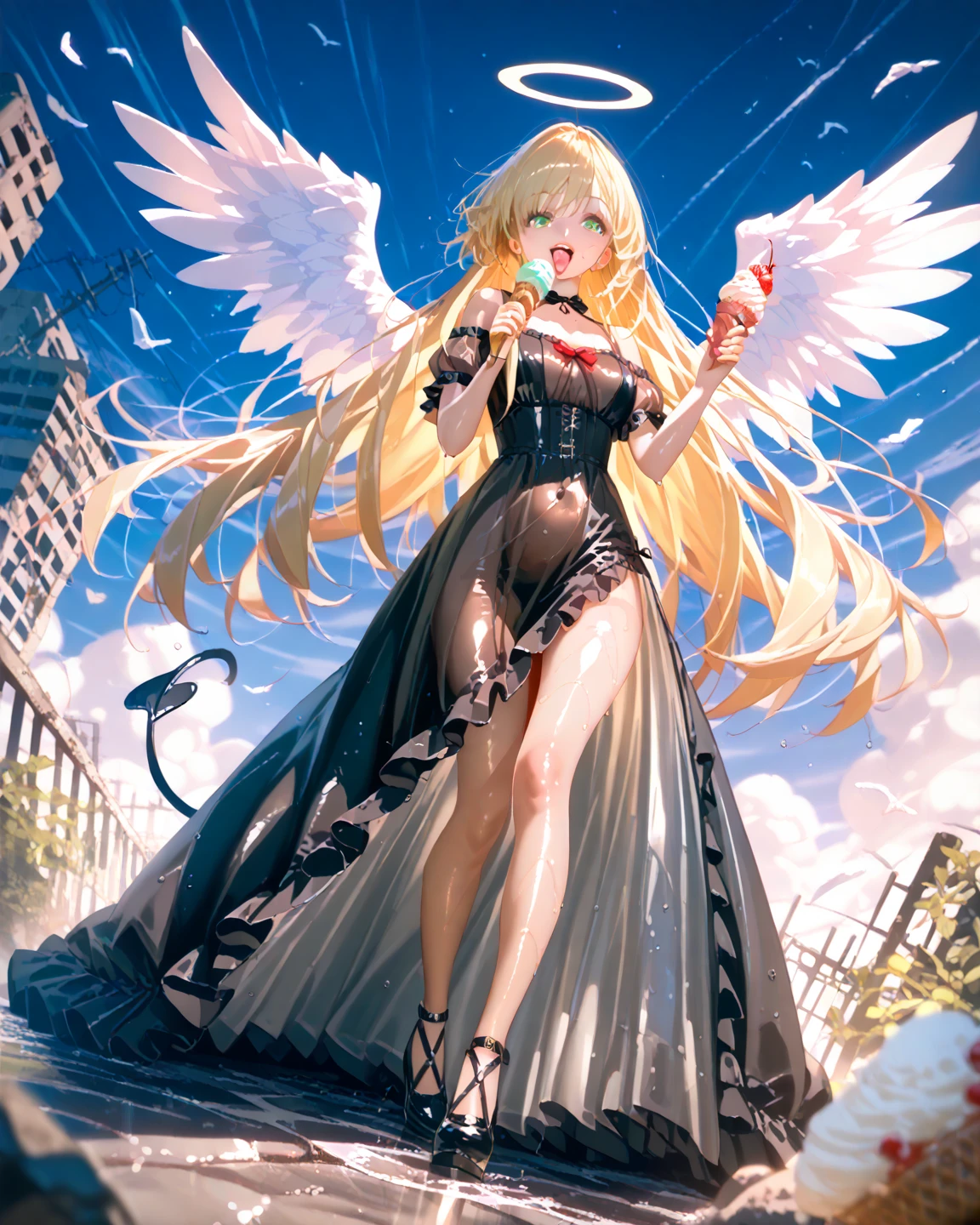 ((Highest quality)),(Ultra-high resolution),(Very detailed),(Detailed Description),((The best CG)),(A masterpiece),Ultra-detailed art,Amazing painting art,(Works with precise details:1.5), (1 female:1.6),(Beautiful and well-proportioned face:1.5),(Curly Hair:1.6),(Intricately detailed lace dress:1.9),Fine jewellery with exquisite detailing:1.5,Waist Accessories:1.5,Look at me and smile:1.5,  See-through nipples, Angel Girl, ((Magnificent white angel wings on his back:1.2)), Mature Woman,Descended into the church,(Pastel colored hair:1.3),(Red and black long high heel boots:1.4), (garter belt), (stockings)、 (Floating in the sky with magical powers:1.2),(Floating skirt:1.5), (Embarrassed expression, blush:1.2),（bracelet),(heart choker)