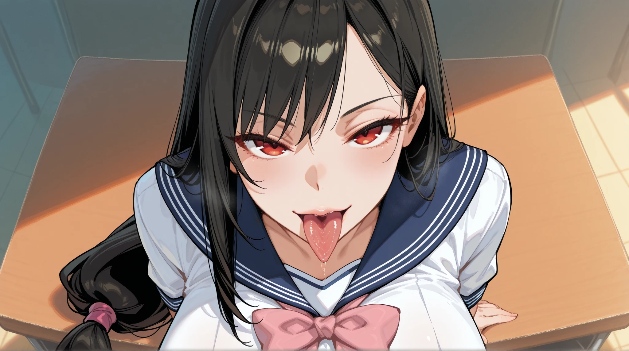 (masterpiece, best quality), nsfw,fellatio, 1girl, (1boy,hetero:1.3), close-up face, (head tilt:1.4), hands up,(licking testicles:1.3), penis, cum string,from below, from side,(handjob:1.3), testicles, BREAK girl, 15 yo, (loli:1.3), (huge breasts:1.1), black hair, (medium long hair:1.2), bobcut, (hair between eyes:0.5), (straight hair:1.3), grey eyes, ultra detailed eyes, (tareme:1.3),heavy breathing, sweat,steam, tongue out, saliva,open mouth, BREAK (school uniform), (white collared shirt, plain pattern shirt, short sleeves, white sleeves, shirt tucked in:1.2), (red plain pattern neck ribbon, narrow neck ribbon:1.1), (unbuttoned, button gap:1.2), BREAK on floor
