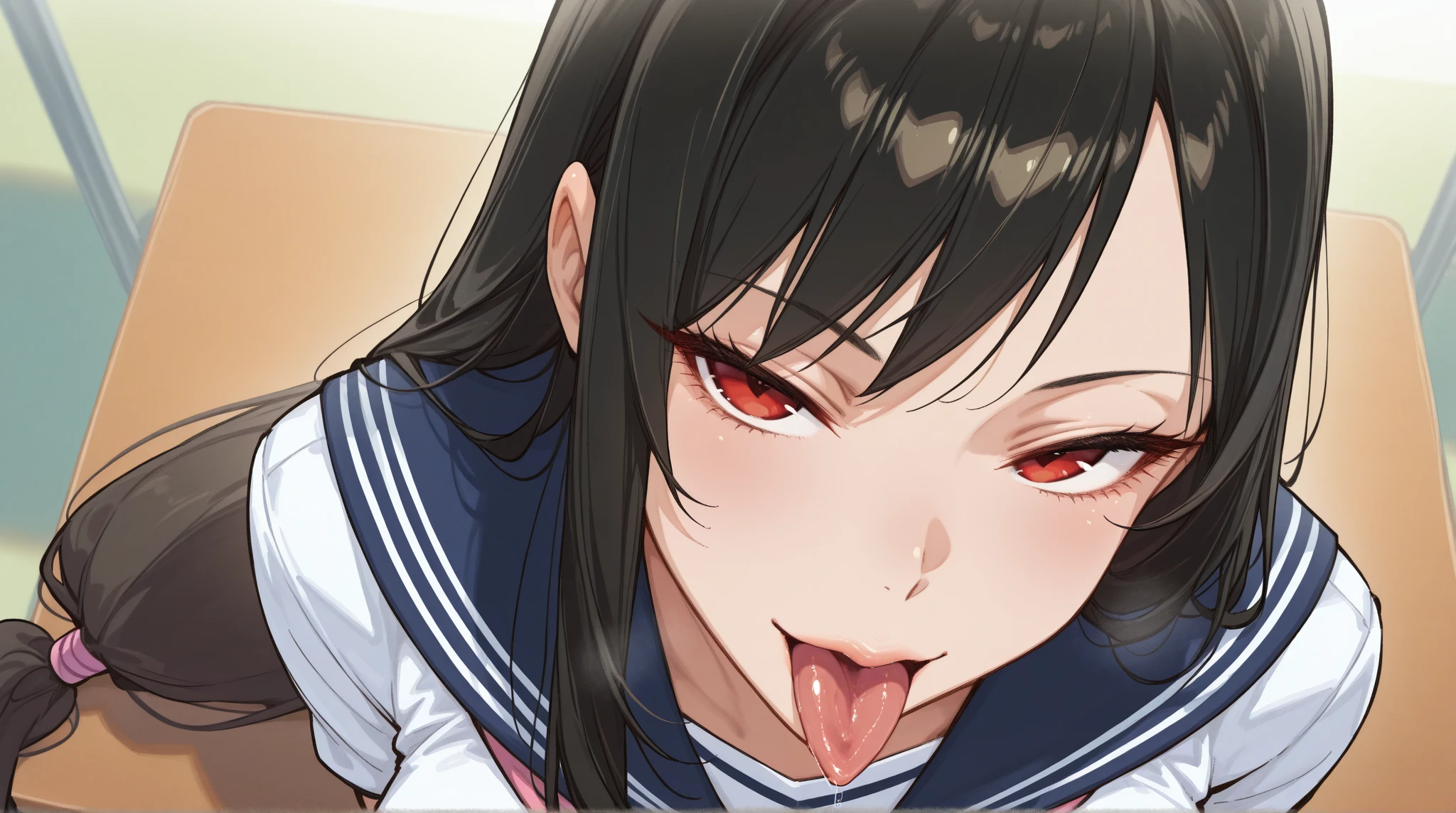 (best quality, ultra detailed:1.2),shinomiya kaguya,kaguya-sama wa kokurasetai ~tensai-tachi no renai zunousen~,folded ponytail,parted bangs,forehead,red eyes,black hair,hair ribbon,red ribbon,short hair,tsurime,skinny,shuuchiin academy ,black dress,collared dress,neck ribbon,long sleeves,large breasts,BREAK crying,(face close up:1.2),((1man and 1woman,fellatio,penis,))