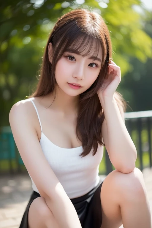 masterpiece, best quality, Surreal, Ultra Detailed, 8k resolution, RAW photos, Clear focus, (A girl in the forest), ((light gray shirt)), sleeveless, sports Shorts,, Solitary, Perfect body, Perfect body, Bangs to eyebrows、Beautiful brown hair、Beautiful and delicate eyes、Brown eyes、Raise an eyebrow、Bangs to eyebrows、Beautiful brown hair、Beautiful and delicate eyes、Brown eyes、Raise an eyebrow、High Nose、Small nostril、Little mouth、Tempting lips、Mouth slightly open、Beautiful breasts、Full body、Oval face,Phoenix Eyes，Eyebrow， Double eyelids, Long eyelashes, A faint smile, full-body shot:1.2，She has a pair of eyes as clear as water，Eyebrows are like distant mountains，Creamy skin，Lips like cherry blossoms。Her beauty is not only in appearance，It&#39;s more about her fragile yet tenacious temperament，Like a hibiscus flower swaying in the wind，It's pitiful， A faint smile, full-body shot:1.2，Stand up，Stand up，
 32 inches in the chest,(a charming smile:1), (sexy pose)，26 years old, light,White shoes，Stand up