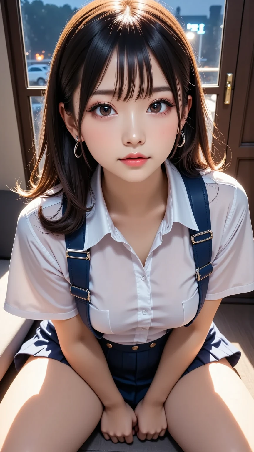 (highest quality,masterpiece:1.3,Ultra-high resolution),(Very detailed、Caustics) (Realistic:1.4, RAW shooting、)Ultra-Realistic Capture、Very detailed、Natural skin texture、masterpiece、(A Japanese woman wearing a dress shirt and a super mini denim skirt:1.3), Adorable expression、Expressions of happiness、14 years old、height: 160cm、Young Face、Amazingly cute、Twin tails、Scrunchie、Black Hair、light makeup、H-Cup Bust、necklace、Shining thighs、Bare arms、Background details、Pink Wallpaper、Pink Curtains、smile、An inviting gaze、Anatomically correct、Cowboy Shot、Attention to detail、Sitting on a bed in a private room at a sex shop、(Cute and elegant pose:1.3)、Showing panties、Crotch close-up