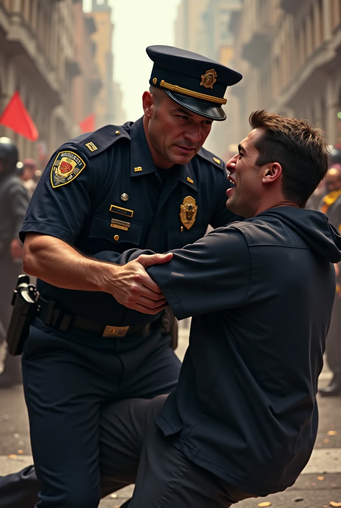 Angry white man being arrested by police officers