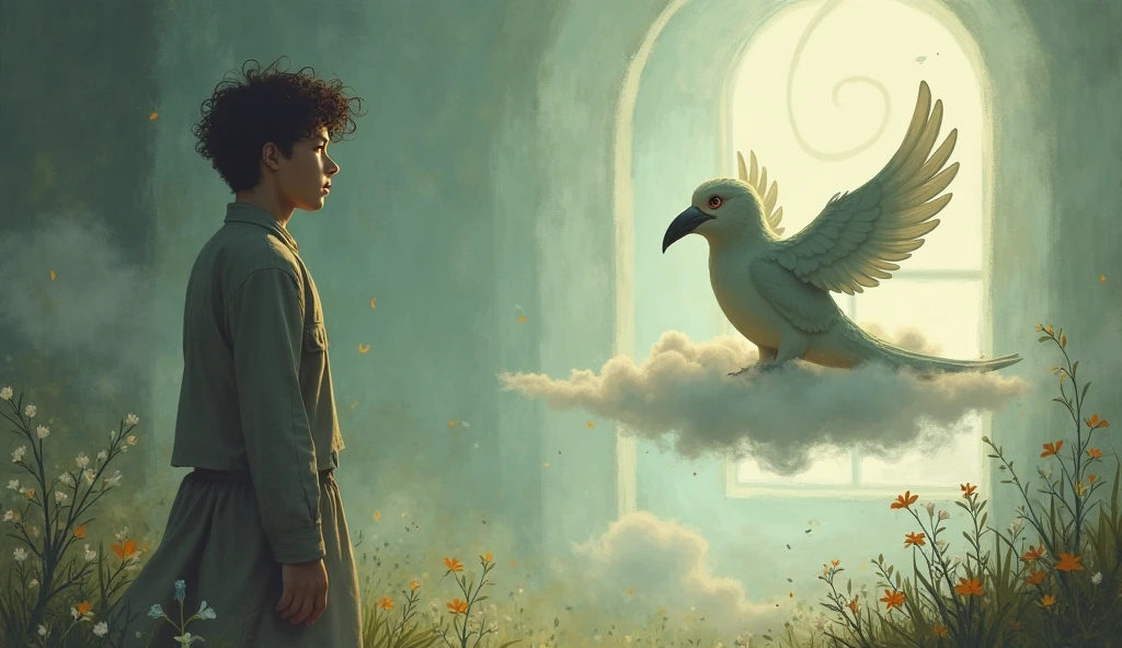 ((Best quality)), ((masterpiece)), (detailed), Boy , soars in the sky among clouds and birds, city and fields below