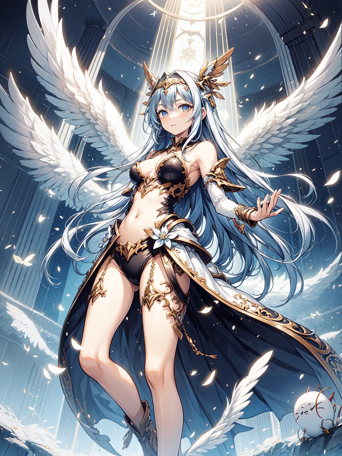 ((Finest quality)),(超A high resolution),(ultra-detailliert),((Best Anime)),sharpnes,vivid:1.1,The Art of Phenomenal Depictions, ((1人の女性),angelicales,3 pairs of pure white feathers,Pure white costume,ornament detached), frontage:1.5