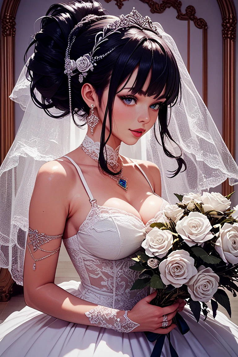 masterpiece, best quality, roxanne, Dog ears, Black hair band, collar, wedding veil, veil, Wedding dress, White Dress, Lace, Elbow gloves, flower, :morality, flower园, archway, ocean