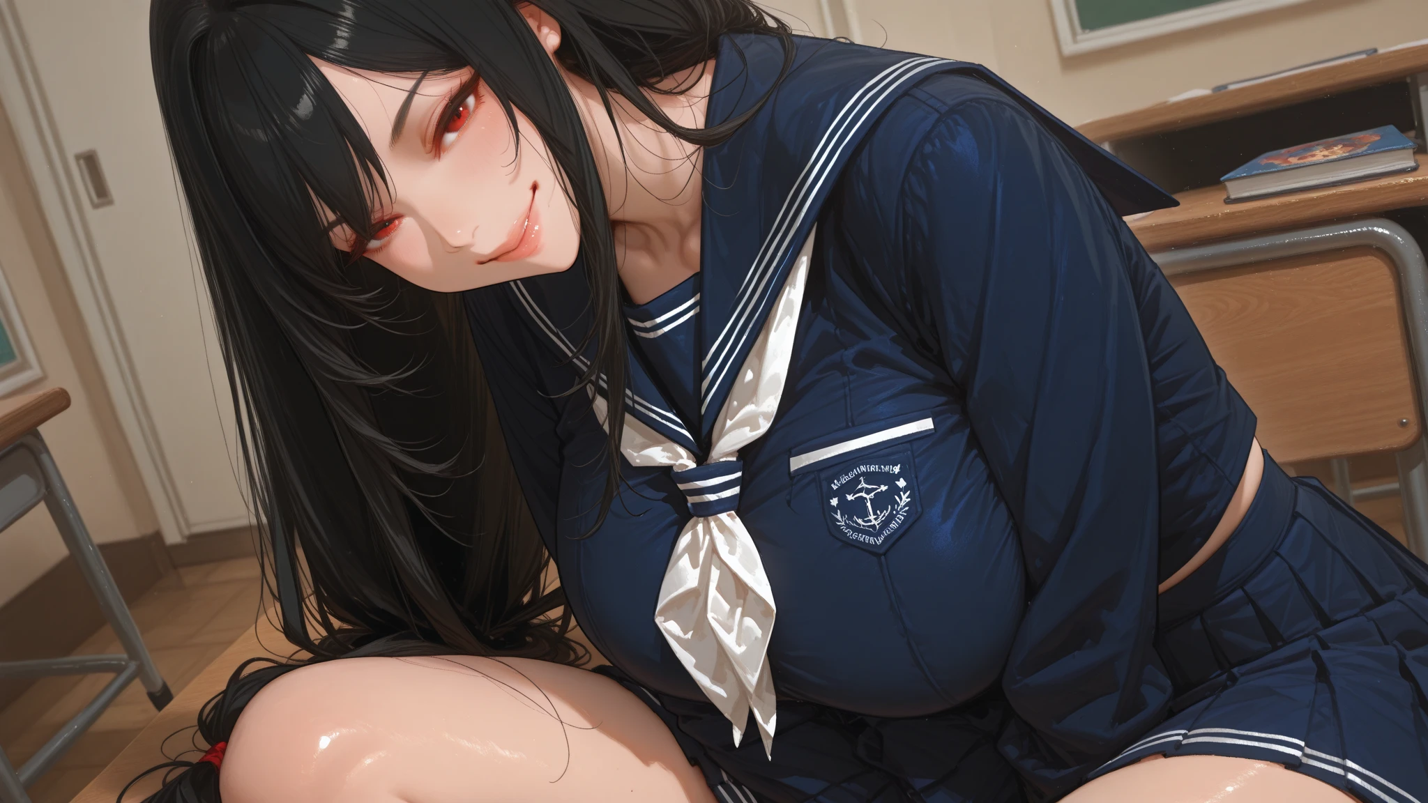 masterpiece, Highest quality, High resolution, Ichigoya, alone, Red neckerchief, , Super large ,pubic hair、Nipples、Areola、Thighs、Navy knee-high socks、High resolution、Colorful,School、Desk and chair in the background