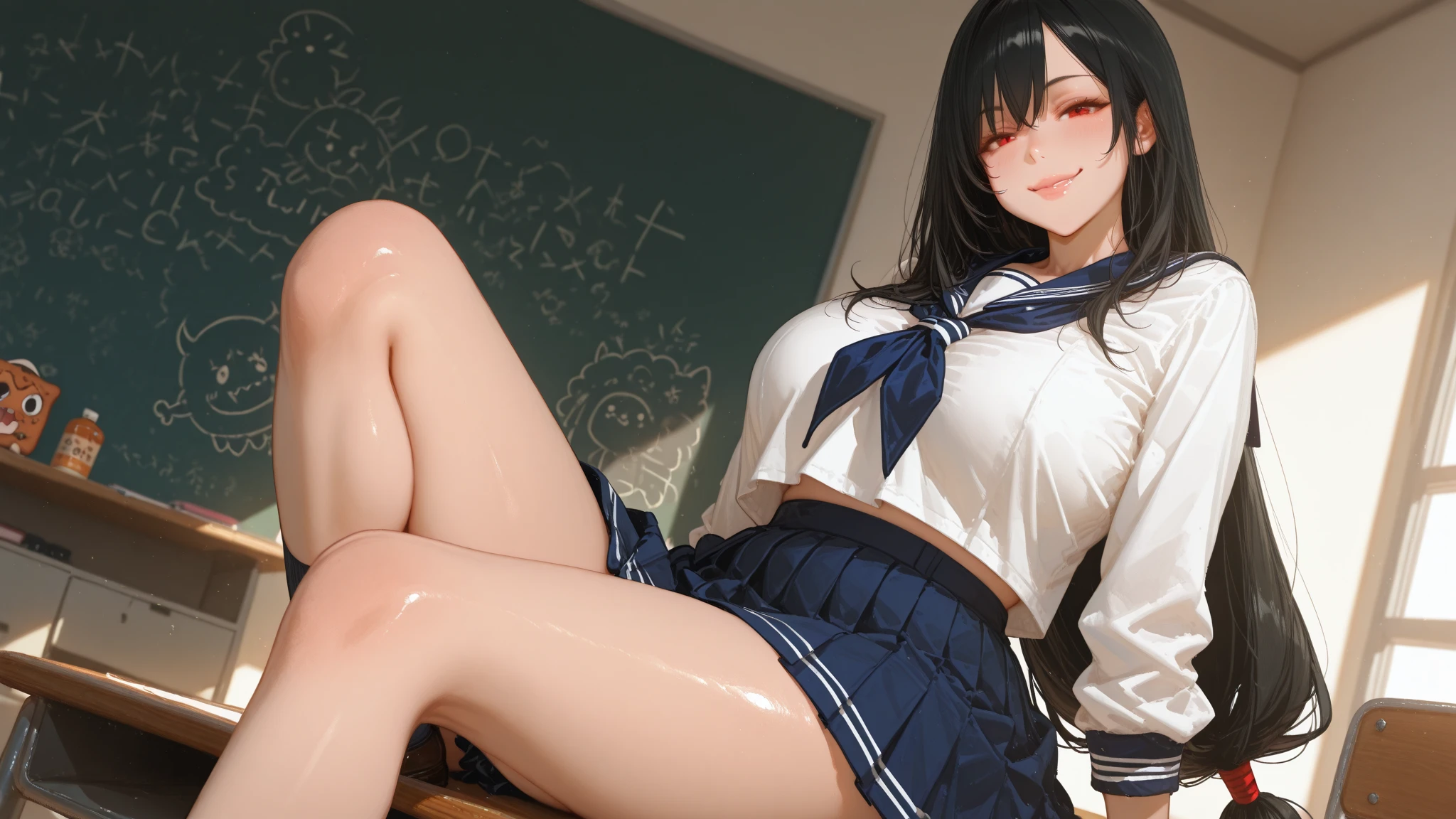 best quality,ultra-detailed,high resolution,extremely detailed CG,perfect anatomy,detailed,cinematic lighting,beautiful detailed eyes,ultra high res,pov,1girl,MILF,milf,gleaming skin,oil skin,large breasts,wide hips,skindantation,sweat,humid,clothed,curvy, (night:1.1),(moody lighting:1.3),(classroom:1.5),blue red pink white,dashed eyes,leggings,sports bra,sitting desk,spread legs,(seductive smile:1.8),(open mouth:1.3),from below