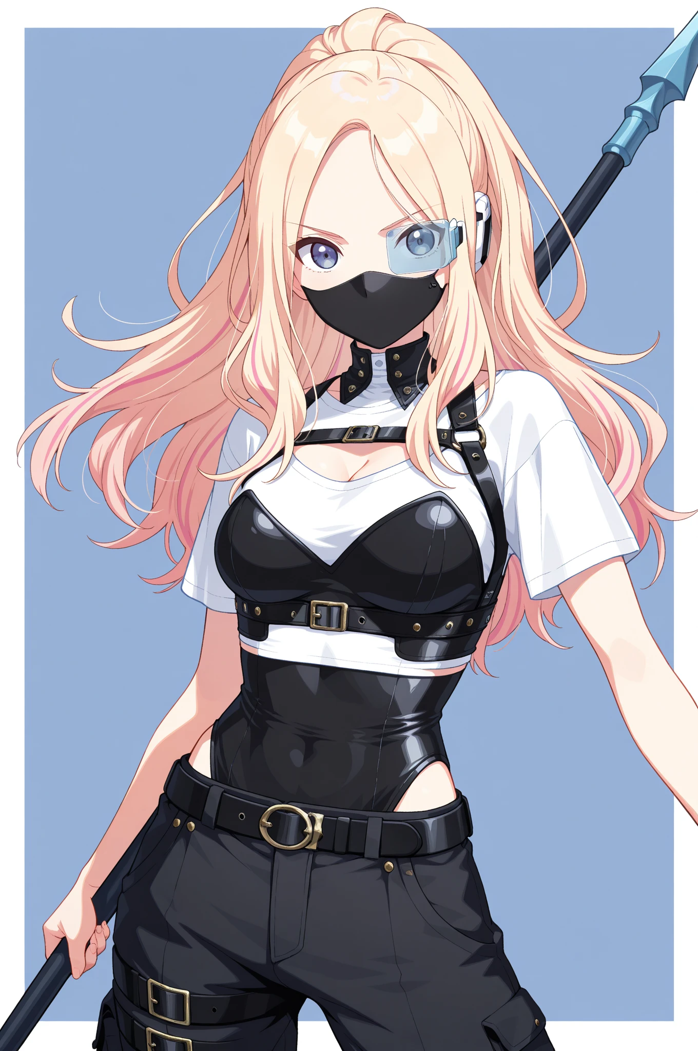 (absurdres, 8k, 4k, masterpiece, hyper extreme detailed:1.2), solo, 1girl, front view, portrait, best quality, perfect face, 1girl, portrait, solo, standing, Female, toned body, mature female, EJP breasts, , long hair,  delinquent, sarcastic,   swept bangs, midriff,  exposed collarbone, exposed left shoulder, standing up,  half body, shorts,  bound, bondage, (arms behind back:1.4), bdsm, tape gag, tape, tape bondage, restrained, tape wrapped, wrap gag, bondage, taped wrists, taped breasts, taped mouth, taped elbows, taped forearms