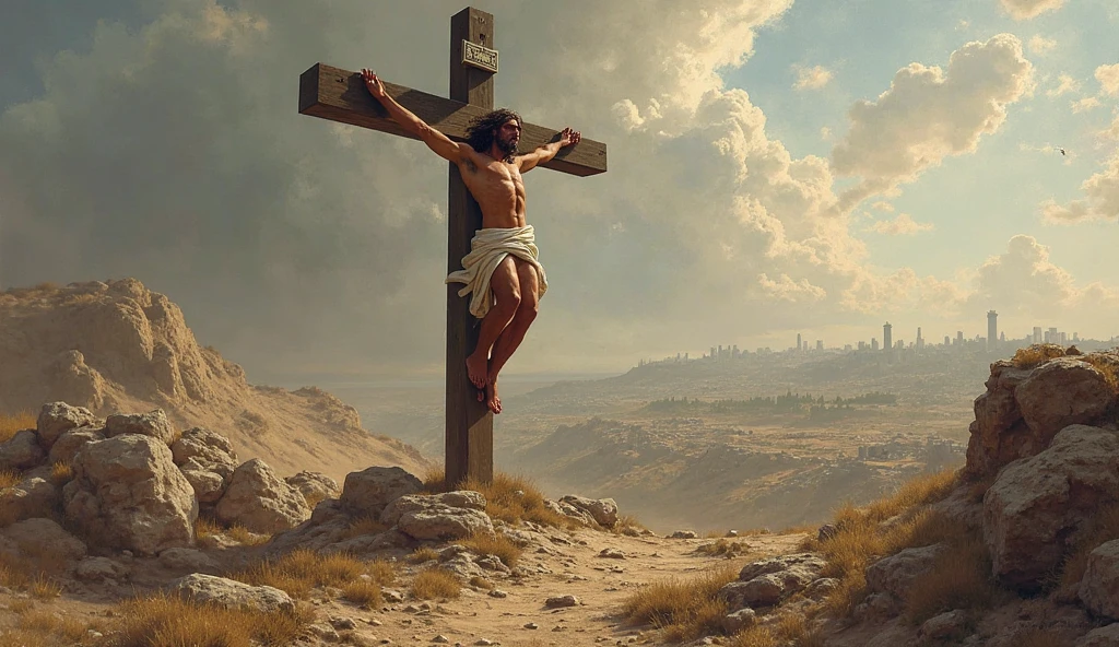Create a picture of a cross at Calvary without Jesus and a brown man kneeling before it
