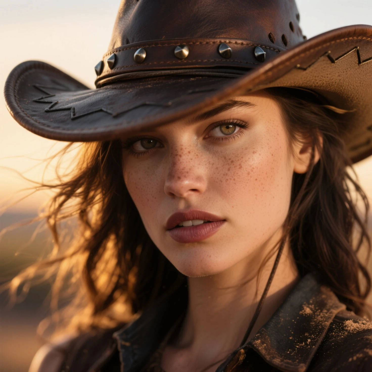 Country girl with hat, sexy transparent shirt with leather elements. Red and black colours. Masterpiece best quality ultra detailed