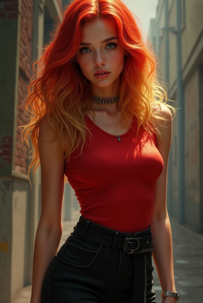 White red haired girl with grey eyes wearing green wide leg pants and a black short shirt 
