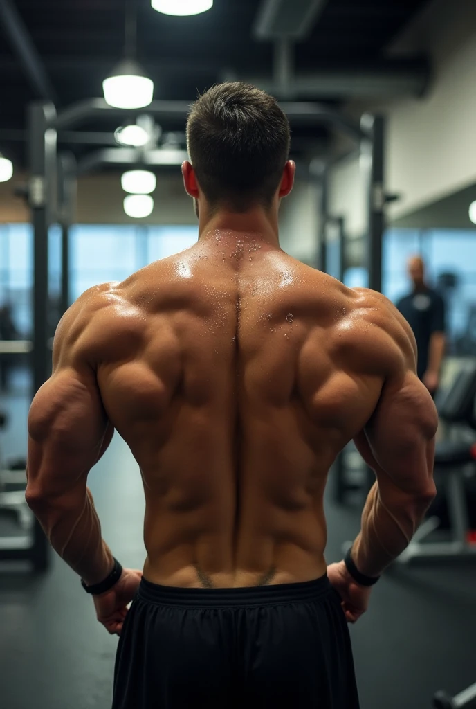a lean skinny 18-year old shirtless caucasian boy wearing white shorts, undercut black hair, tanned skin, drenched with sweat, sweating profusely, hands above head, showing the back, viewing the back, flexing back muscles, in front of a mirror wall, looking at his reflection, in the gym