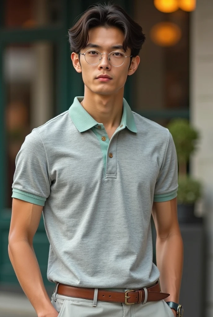 Andrew thomas huang, oval face, eyeglasses, neat muscular, polo shirt, shorts, sitting