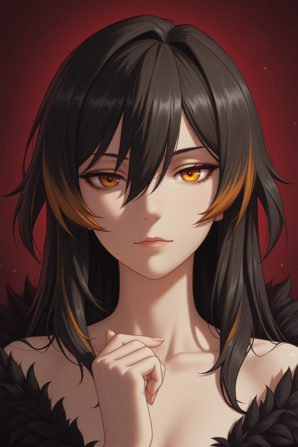 woman, red eyes, black hair, crow, glowing eyes, parted bangs, peaceful face, bathing, nude
