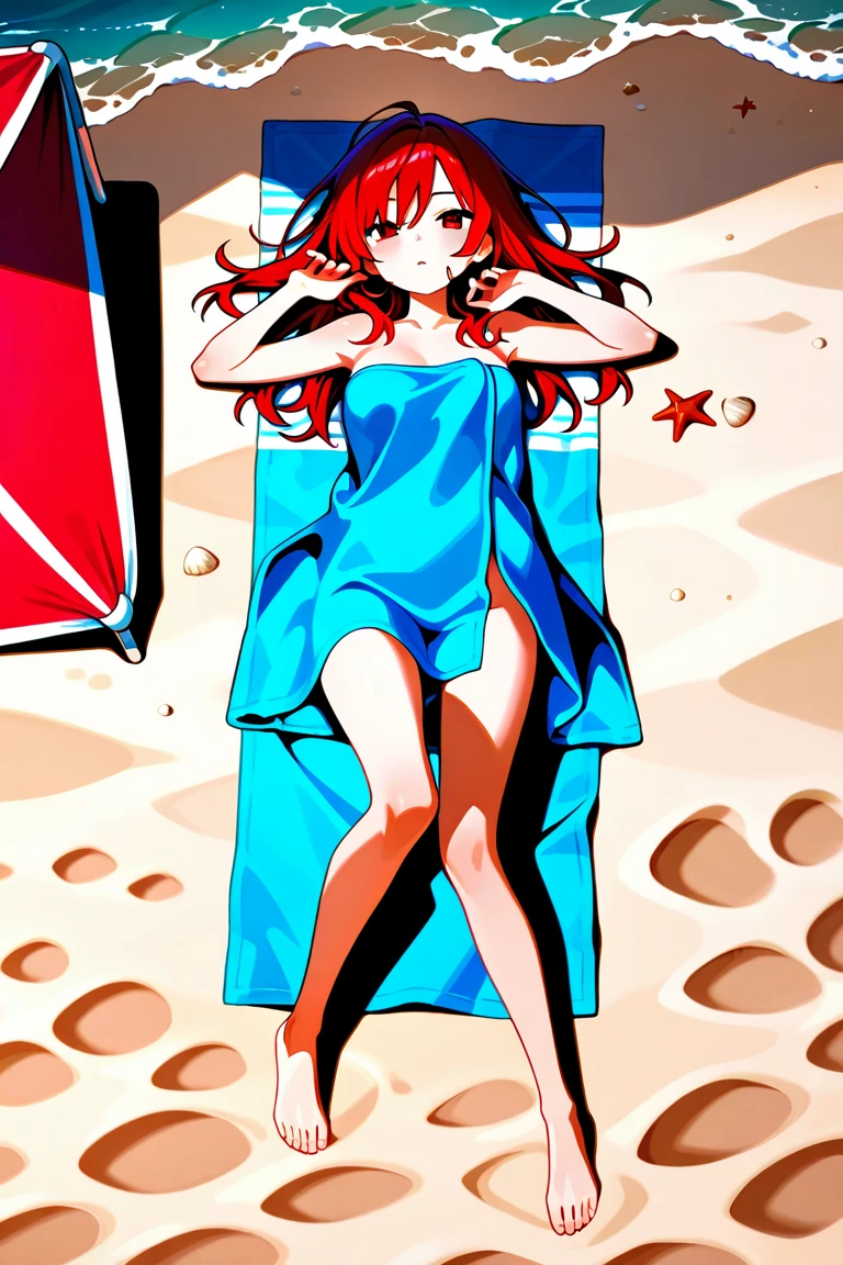 1womanl , smallbreast, big red hair,wearing a bikini on the beach lying or sitting,in a bold position.ultra quality, full HD 4k, vivid colors.